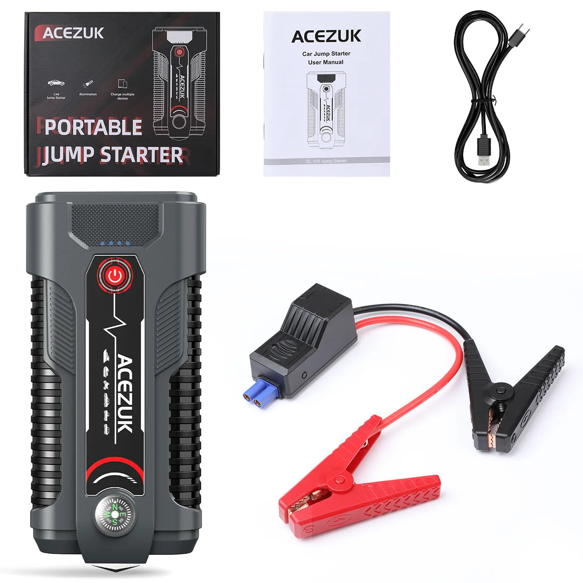 12V Portable Car Jump Starter - Automatic Battery Booster with USB-C Charging, Built-in LED Flashlight, and Power Bank for Emergency Vehicle Charging - Compatible with All Types of Cars, SUVs, and More