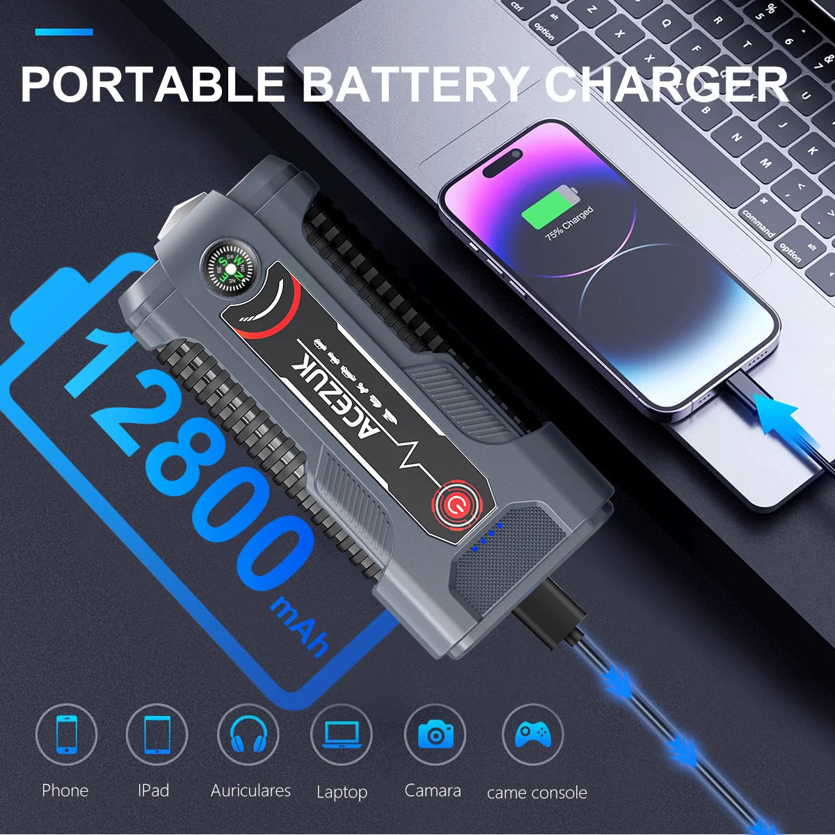 12V Portable Car Jump Starter - Automatic Battery Booster with USB-C Charging, Built-in LED Flashlight, and Power Bank for Emergency Vehicle Charging - Compatible with All Types of Cars, SUVs, and More