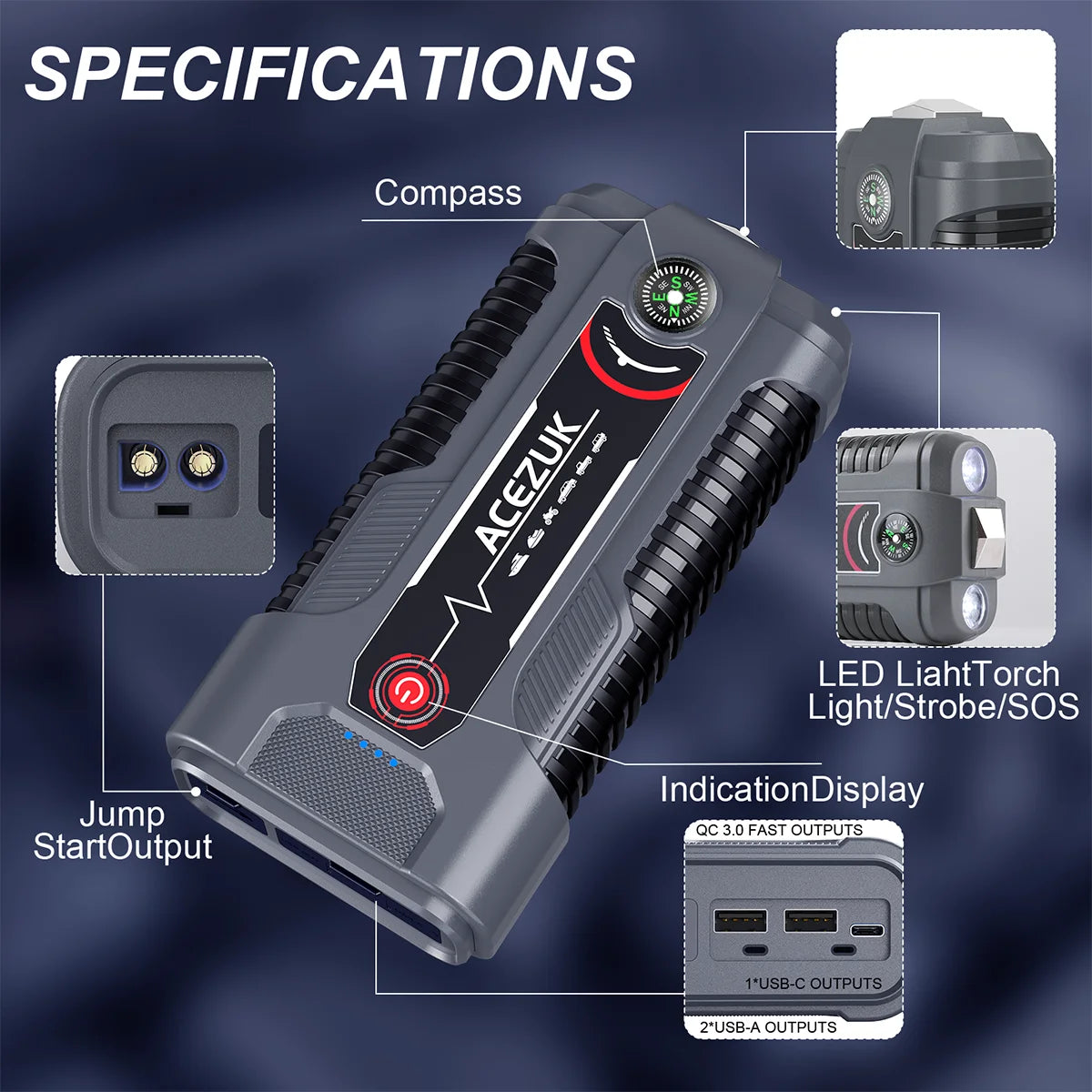 12V Portable Car Jump Starter - Automatic Battery Booster with USB-C Charging, Built-in LED Flashlight, and Power Bank for Emergency Vehicle Charging - Compatible with All Types of Cars, SUVs, and More