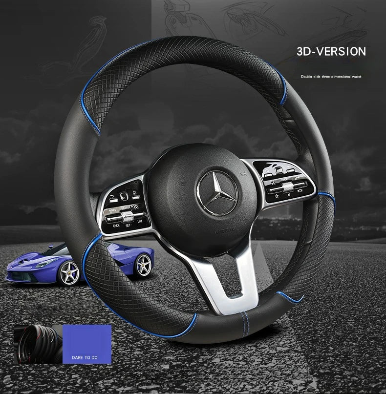 All-Seasons Leather Steering Wheel Cover - Anti-Slip Diamond Design, Fits 14.5-15 Inches